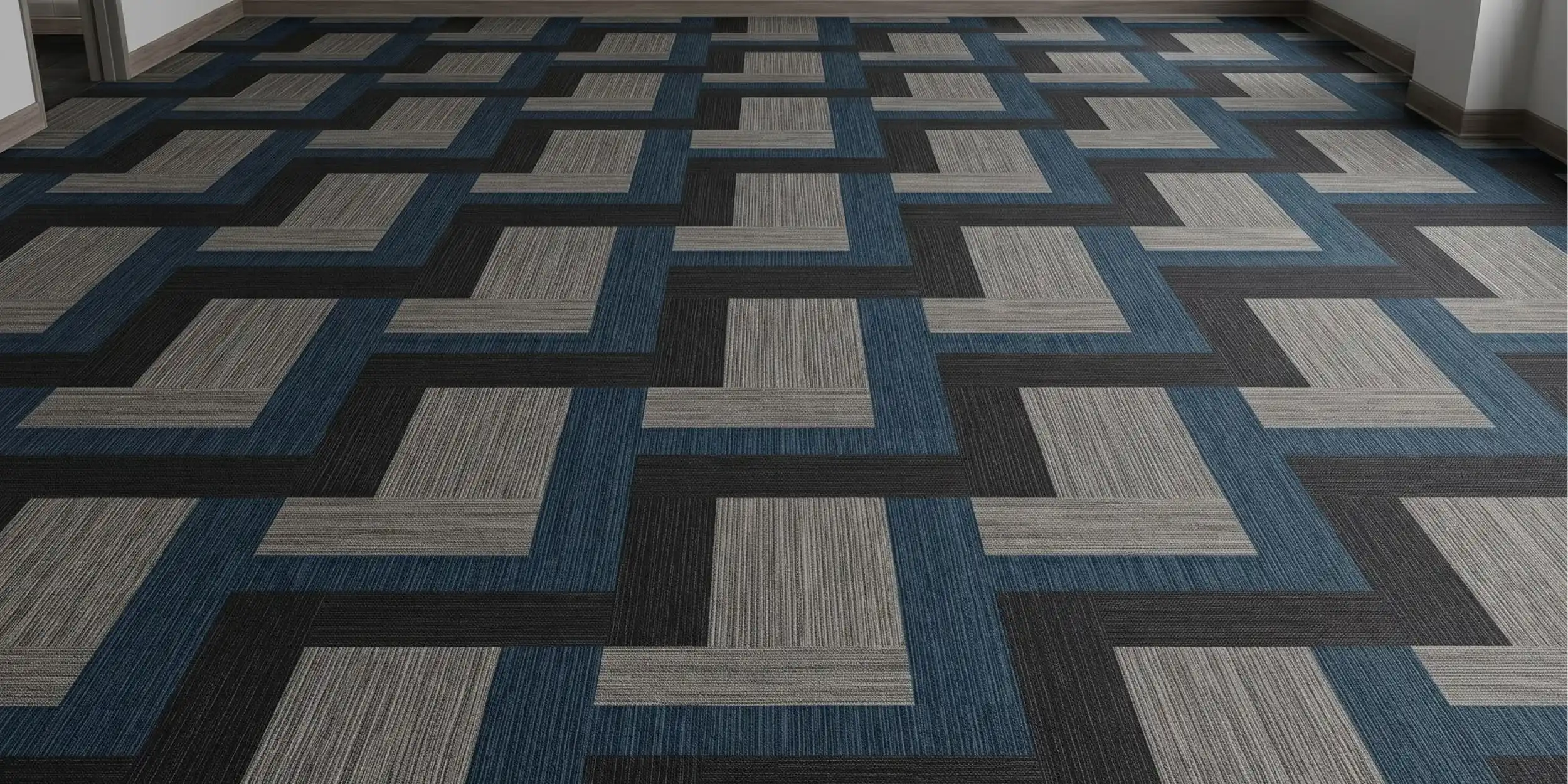 AXON Twill performance woven vinyl flooring in a blue and gray parquet pattern